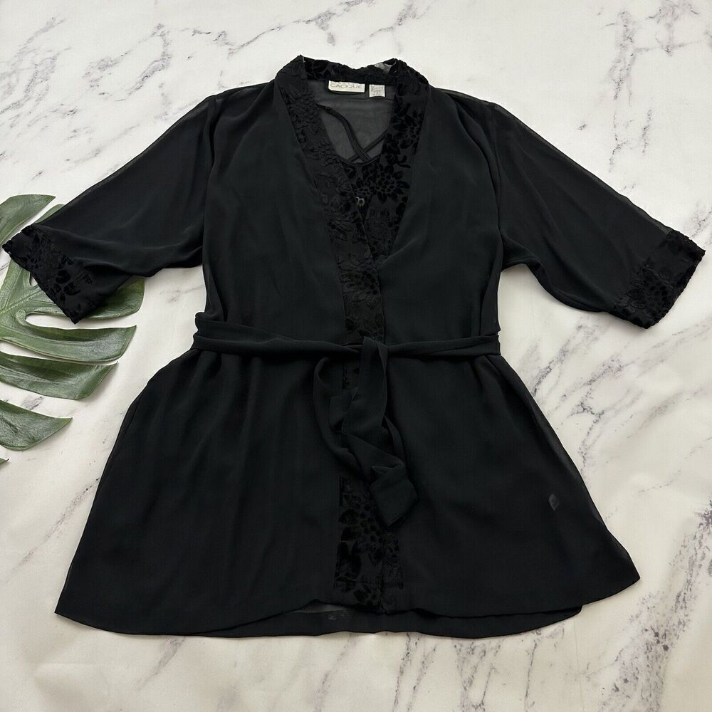 Cacique Womens Vintage Negligee Slip Robe Set Plus Size S Black Sheer Floral
